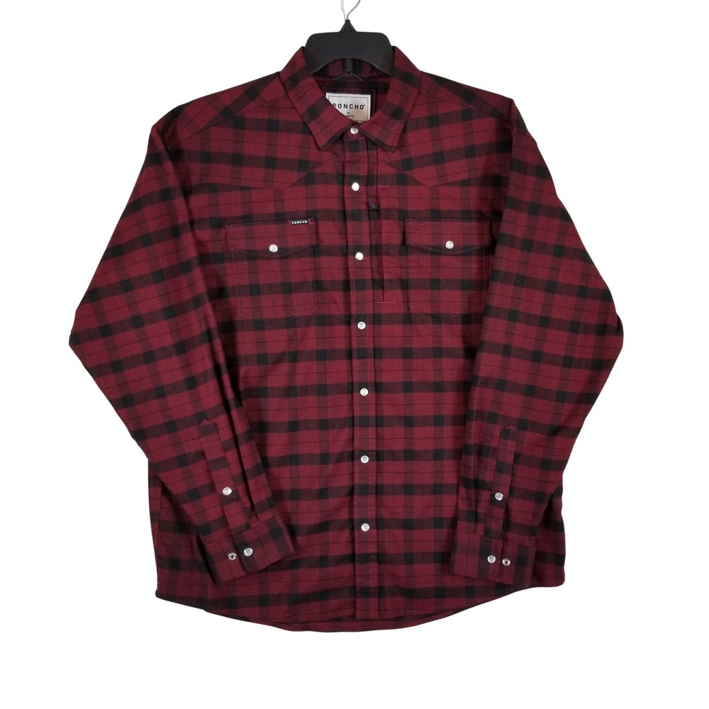 Poncho Western Shirt Men XL Burgundy Black Buffalo Check Pearl Snap Stretch